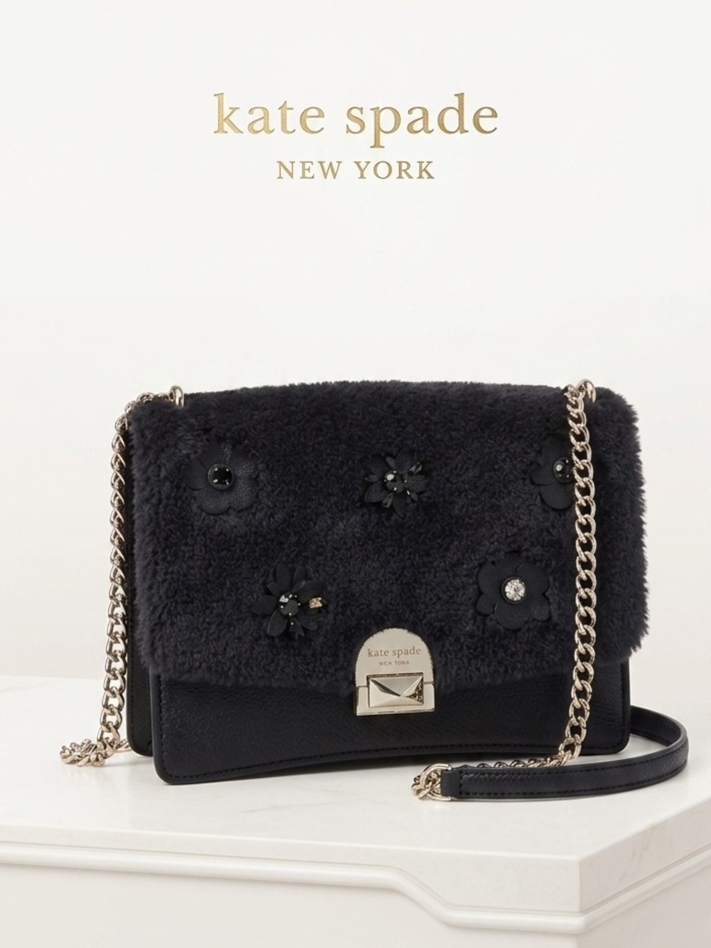 kate spade Black Shearling Floral Chain Crossbody Bag